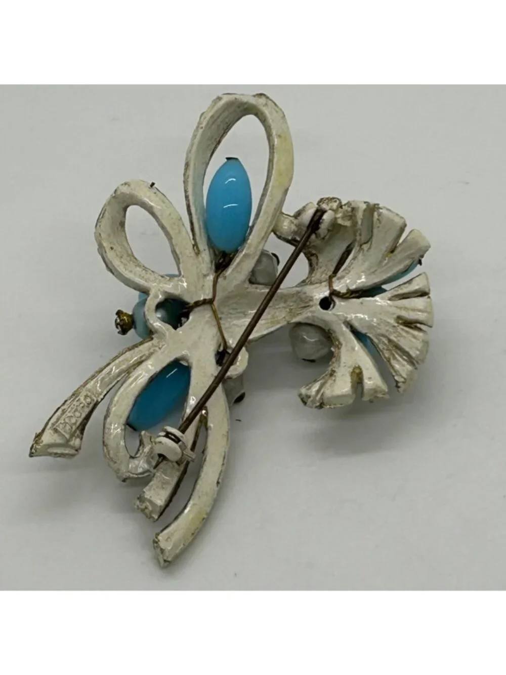Vintage Coro Pin Brooch With Faux Pearls Faux Turquoise Beads, Floral Bow READ